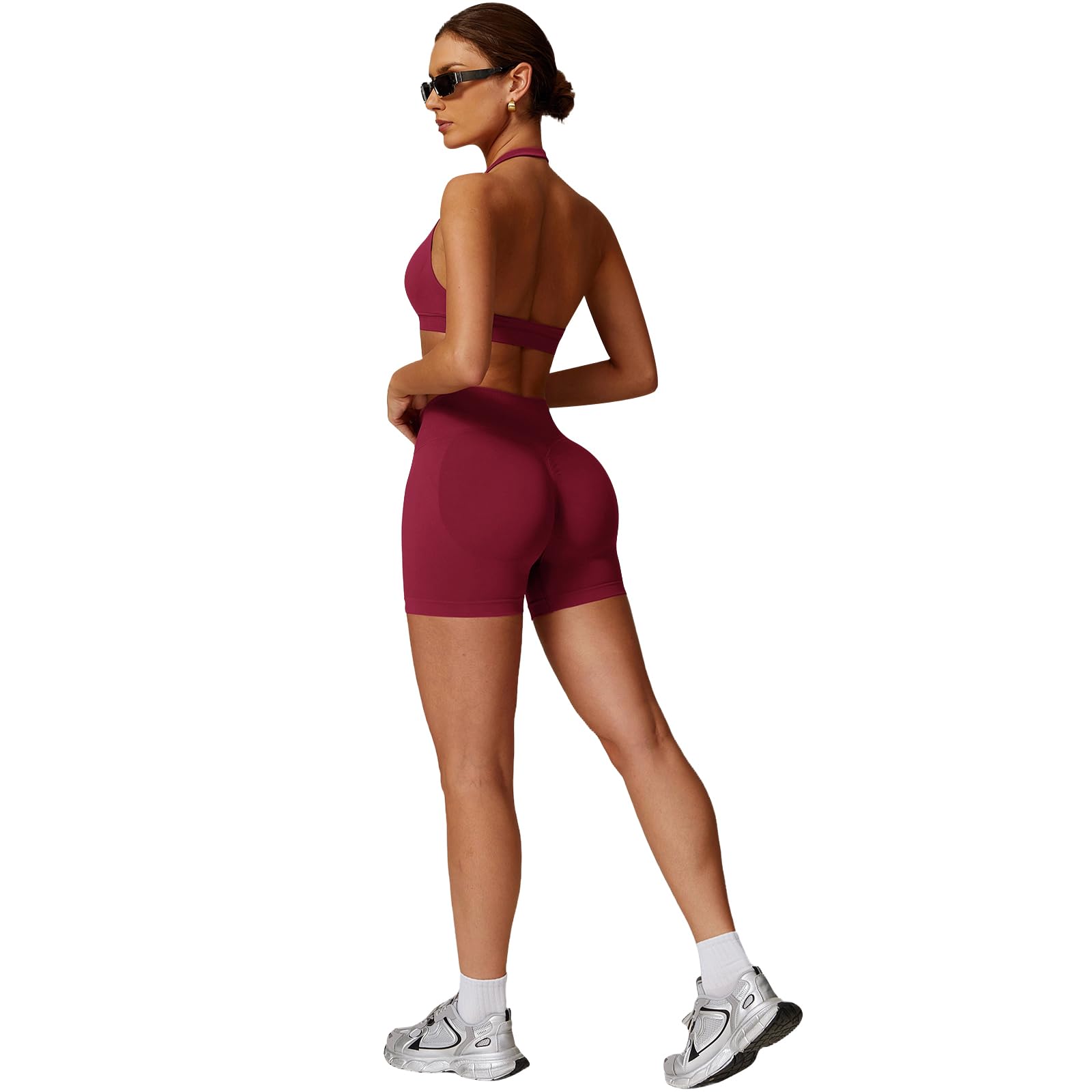 Set di allenamento senza cuciture per le donne 2 pezzi Halter Backless reggiseni sportivi nascosti pantaloncini elastici abiti da yoga tuta da palestra