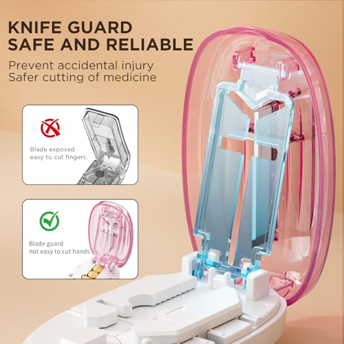 Image of Pill Cutter Splitter for Small and Tiny Pills, 1 /2 1 /4 Pill Splitter for Small Pills,Tablets in Half or Quarters, Accurate and Easy Cutting, Stainless Steel Blade, Back Storage (Pink)