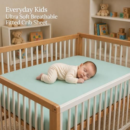 Image of Everyday Kids Fitted Crib Sheet, 100% Soft Breathable Microfiber Baby Sheet, Fits Standard Size Crib Mattress 28in x 52in, Aqua Nursery Sheet