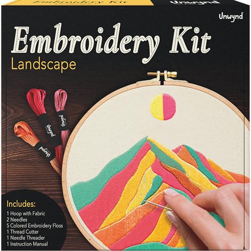 Image of Unwynd Embroidery Kit Landscape Theme for Beginners, Satin Stitch Hand Embroidery Kit for Adults, DIY Valentine's Day Gift with Mountain Sun Pattern