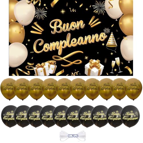 ®️ IM | Striscione Buon Compleanno 110x180 cm + 20 Palloncini con Scritta in Italiano da Appendere | Decorazioni Compleanno. (NERO-ORO)