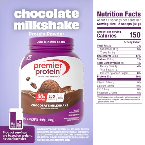 Image of Premier Protein Powder, Chocolate, 100% Whey, 30g High Protein, 29 Servings | No Added Sugar, Supports Muscle Health, Soy & Gluten-Free, 2.6 lb