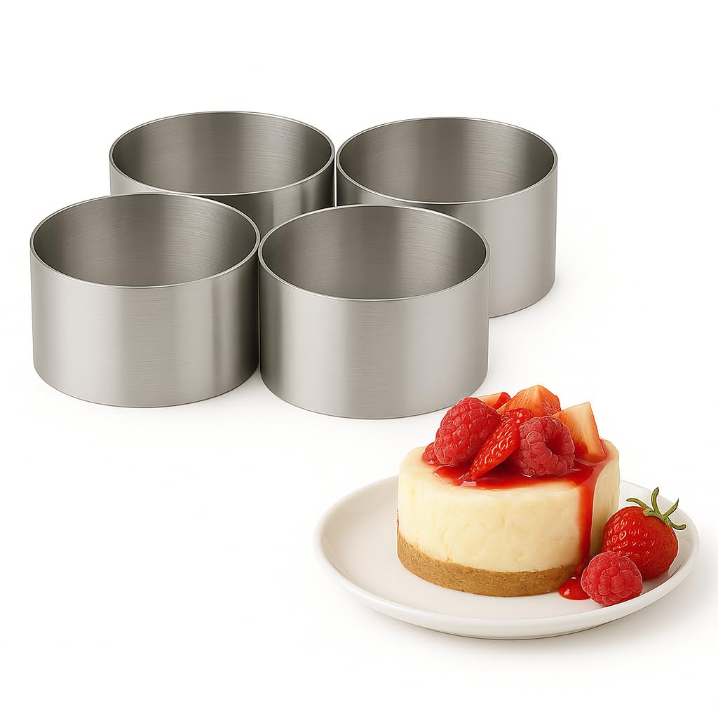 Food Presentation Rings – Set of 4 Stainless Steel Mousse Cake Rings – Oven & Dishwasher Safe – Cookie & Pastry Cutters for Desserts (60 x 45mm)