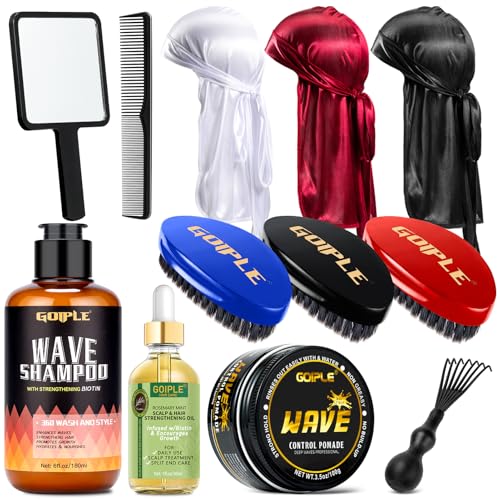 360 Wave Kit for Men Grooming Kit for 360 Waves - 3 Wave Brushes, Soft, Medium & Hard - Satin Durag, Hand Mirror, Hair Comb, Hair Brush Cleaner, Wave Pomade & Shampoo & Rosemary Oil - Best Gift Set