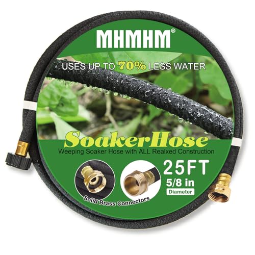 MHMHM 5/8' Soaker Hose for Garden Drip Hose Irrigation System with Solid Brass Fitting for Lawns Flower Beds & Vegetable Gardens (25FT)