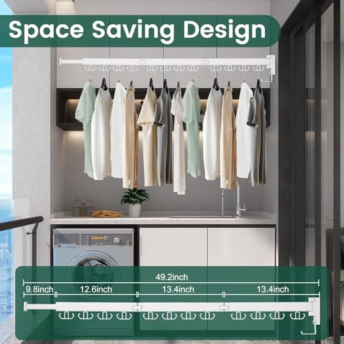 Kelisiting Wall Mounted Clothes Drying Rack, Laundry Drying Rack Wall Mount, 3-Fold Drying Rack Clothing, Foldable Clothes Drying Rack with 12 Dual Hooks Organization for Laundry Room Indoor - White - Image 2