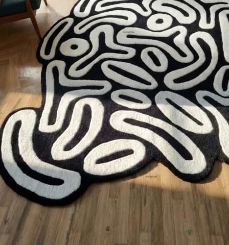 Image of Hand Tufted Wool Rug 6x8 Ft - Modern Irregular Shape Aesthetic Carpet, 1 Inch Thick Pile, Anti-Skid Backing, Soft Handmade Woolen Area Rug for Living Room, Bedroom, Hall Decor
