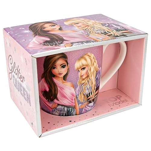 Depesche 12607 TOPModel Glitter Queen - Taza con diseño de modelo y impresión de purpurina, taza de porcelana con asa, capacidad aprox. 300 ml