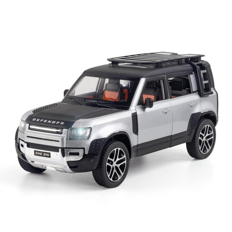 Image of Kids Model 1:24 Land Rover Defender Die Cast Metal Car Pull Back Action Opening Doors with Realistic Engine Sound Lights Toy Car Gift for Boys - Silver