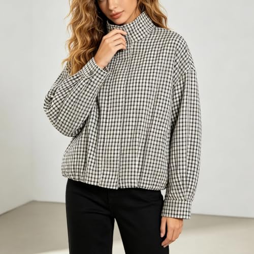 Plaid Bomber Jacket Women Stand Collar Zip Up Coat Casual Long Sleeve Outerwear With Pockets - image 3