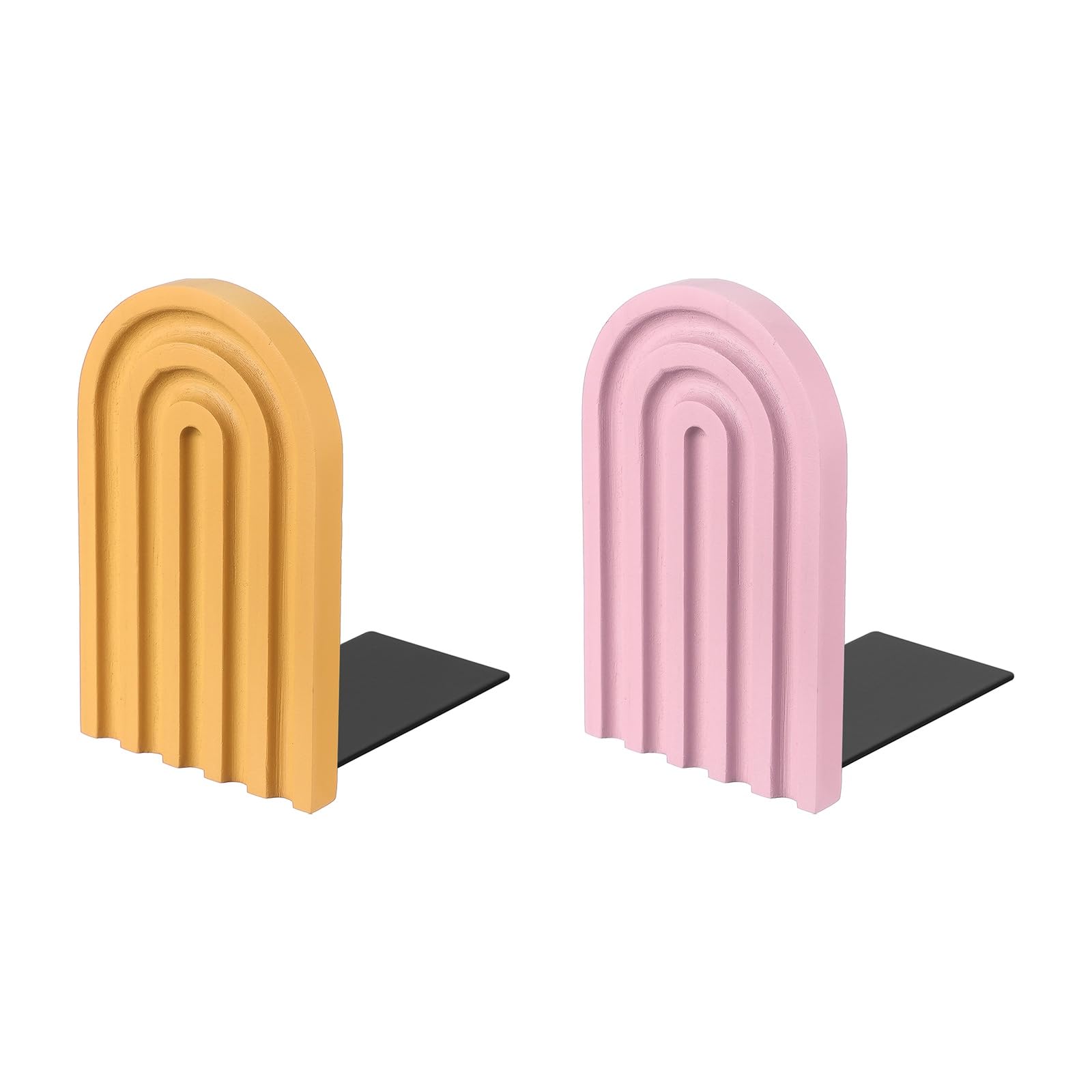 PATIKIL 2Pcs Arch Bookends, Non-Skid Wood Book Ends for Shelves Book Stopper for Holding Books Movie CD Home Office Library Decorative, Pink/Yellow