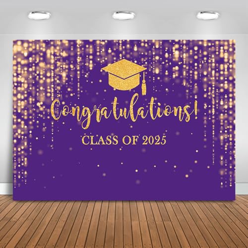 Mocsicka Class of 2025 Backdrop Purple Gold Glitter Bokeh Graduation Party Background 2025 Congrats Grad Prom Party Cake Table Decoration Photo Booth Props (10x7ft)