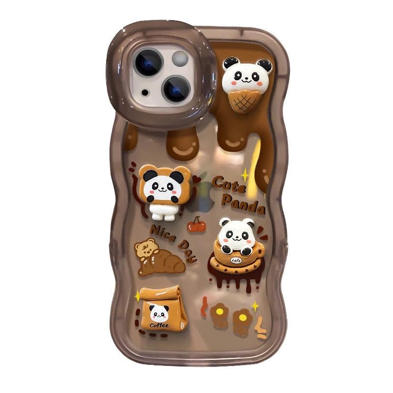 Image of COVERLY 3D Cute Creative Bear Panda Cartoon Chocolate Coffee Decor Wave Curly Edge Invisible Double Phone Stand Holder Hard Happy Doll Cover Girly Charm Case for Apple iPhone 17 (Brown)