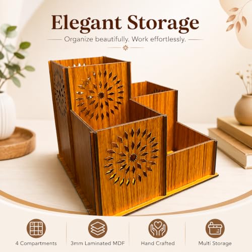 Image of Zesta Wooden Desk Organizer Pen Stand Remote Holder Card Slot | Table Accessory Office Desk Study Room | Pencil Storage Stand Stylish Workspace Decor (Nainteek, 4 Compartment Organiser)