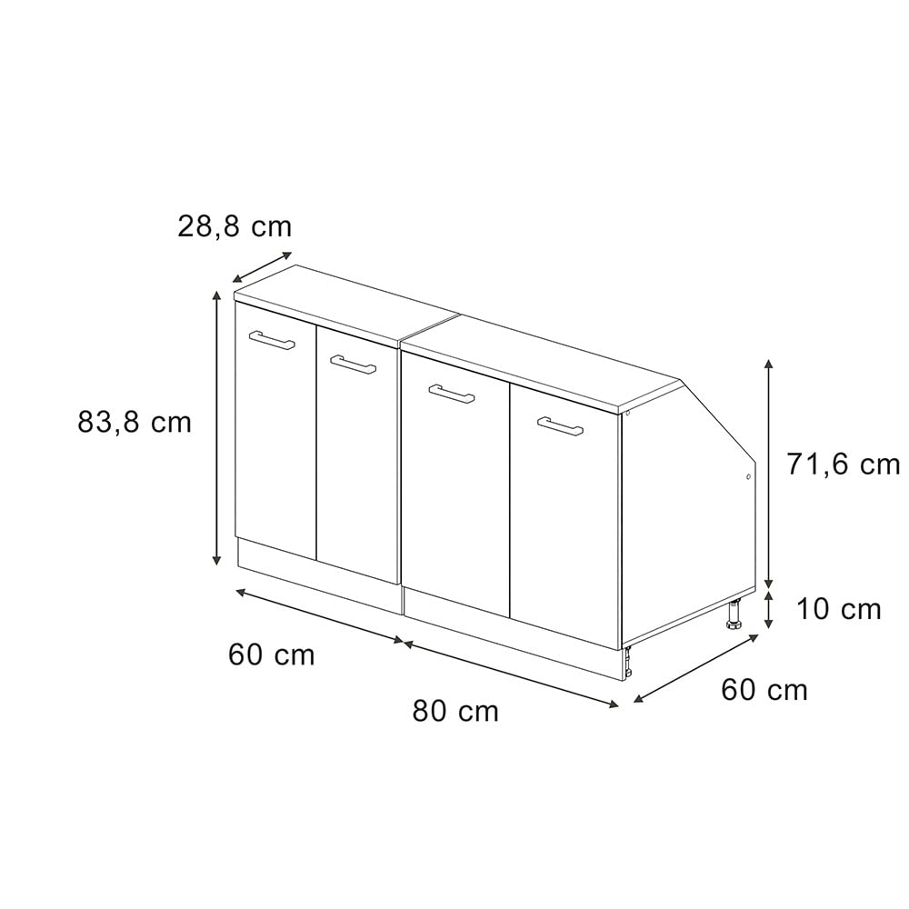 Vicco Küchenschrank für Dachschrägen R-Line, Weiß Hochglanz, 140 cm | 2er Set Schrankkorpuss 60 cm Tiefe, geeignet für schräge Wände und variable Küchenmontage