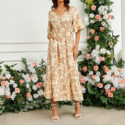 Image of Women's Summer Short Sleeve Maxi Floral Flowy Dresses with Pockets