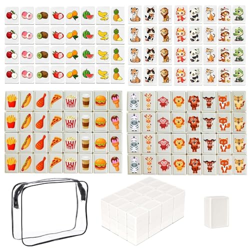 KUWUNG 65 Blocks Mahjong Tile Game Seaside Escape Game Mahjong Sets Fruit & Pet Pattern Mah Jong Game Reusable Funny Mini Mah Jong Set Beachside Board Games Family Board Game for Kids and Adults