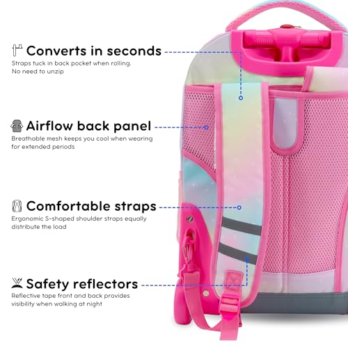 Image of J World Sunrise Kids Rolling Backpack with Wheels for Girls Boys, Roller Bookbag for School, 18 x 13 x 9 Inches, Aurora