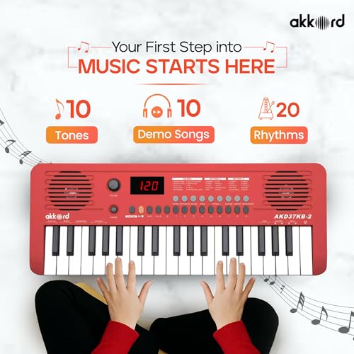Image of Akkord 37 Keys Music Keyboard - Red Edition | 20 Rhythms, 10 Tones & 10 Demos, LED Display, Portable Beginner Piano Compatible | Kids, Beginner Keyboard with USB-C Cable (Without Adapter and MIDI)