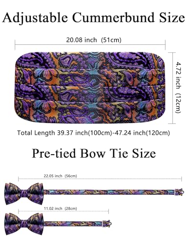 Image of Paisley Floral Tuxedo Cummerbund Bow Tie Pocket Square Set for Men | 3-piece set:cummerbund,bow tie&pocket square.Adjustable back for comfort.Silk blend,wedding,proms,black tie&formal events.