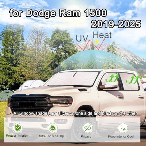 Image of KMF Windshield Sun Shade Replacement for Dodge Ram 1500 Accessories 2019-2024, Side Window Sun Shade Cover Sun Visor Shield Cover,Rear Window Sunshades for Camping /Baby UV Block and Privacy Protect