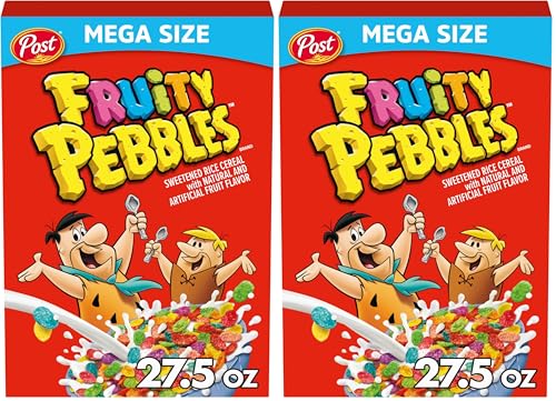 Image of Fruity PEBBLES Breakfast Cereal for Kids, Gluten Free, Made with Sweetened Puffed Rice, Mega Size, 27.5 oz (Pack of 2)