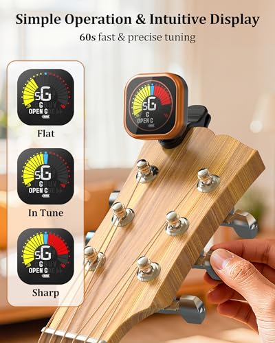 Image of New Bee Guitar Tuner Clip-On Rechargeable with Color Screen 360 Rotatable Acoustic Chromatic Open Tuning for Guitar, Bass, Ukulele, Violin (Orange, 1 Pack)