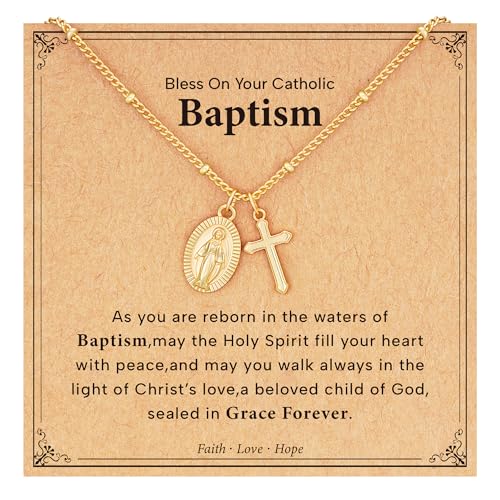 Jesvo Catholic Baptism Gifts for Girls Virgin Mary Cross Charm Necklace Religious Jewelry for Teen Teenage Kids Age
