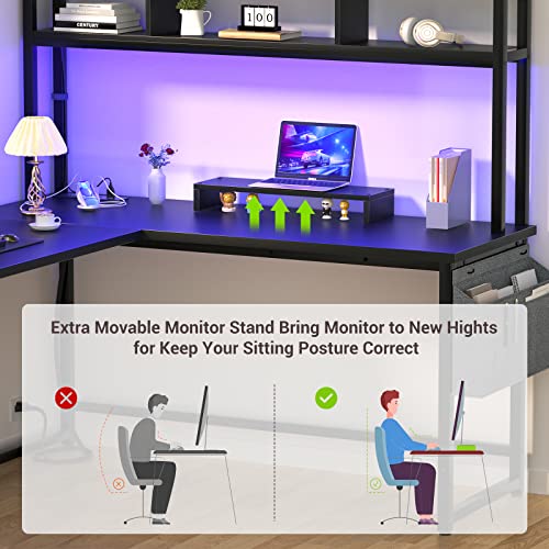 Aheaplus L Shaped Desk With Power Outlet & Led Strip, Reversible L-Shaped Corner Computer Desks Gaming Desk With Storage Shelf & Monitor Stand, Modern 2 Person Home Office Desk, Writing Desk, Black #TOP3