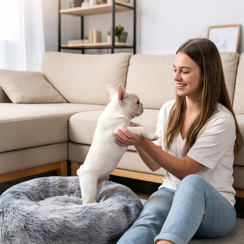 Dog & Cat Bed for Indoor Cats, 20in Soft Calming Donut Dog Bed for Puppy and pet, Washable Round Fluffy Pet Bed for Small Medium Dogs and Cats (Light Ash Gray Gradient)