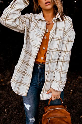 Prettygarden Women's 2023 Fall Clothes Plaid Shacket Jacket Long Sleeve Button Down Flannel Shirts Fashion Blouse(Plaid Khaki,Small) #TOP4
