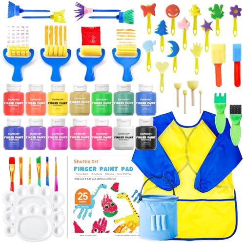 Shuttle Art Set Colori a Dita per Bambini con 14 Tempere Lavabili (60ml), Pennelli, Libro da Disegno, Spugna, Tavolozza,...