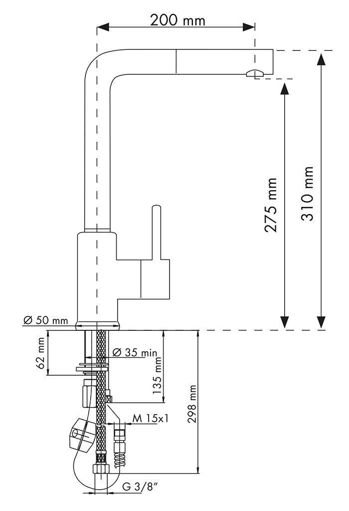Miscelatore Plados monocomando VEMIXEXTL CROMO con canna a 90° e doccia estraibile