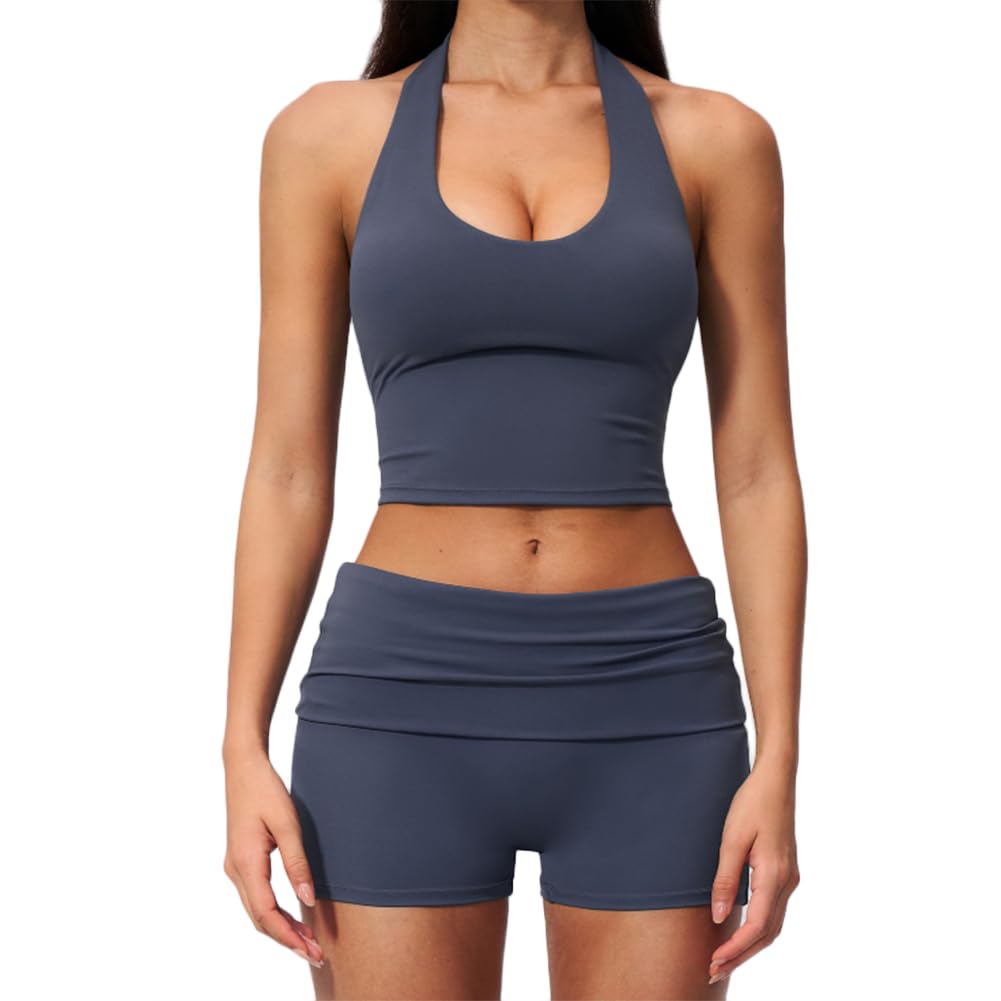 XYFfybhsd Workout Clothing 2-Piece Halter Tank Top & Biker Shorts Set = Yoga Fitness Gym Wear for Women(Size:S,Color:Dark blue)