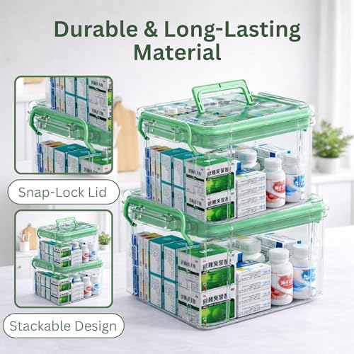Image of HoopVool Clear Plastic Medicine Storage Box Organizer, Family Emergency Kit with Removable Pill Case Portable Lockable Container for, Art Craft and Cosmetic Household Organizer (Green, Small)