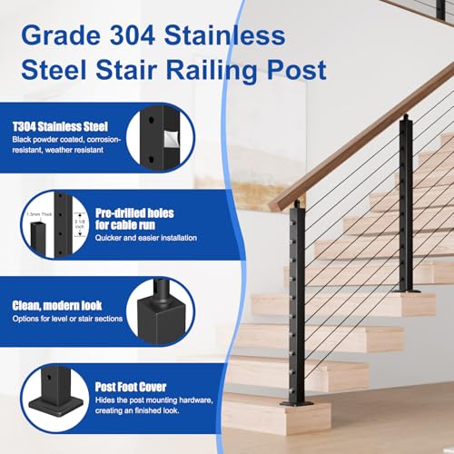 Image of BLIKA 10FT-15FT Complete Set 36 inch Stair Railing Post Kits, Adjustable Angle Line Post (25 to 35), Black Swageless Cable Railing System Include 3 Stair Posts, 200FT 1 /8 inch Stainless Cable(No Handrail)