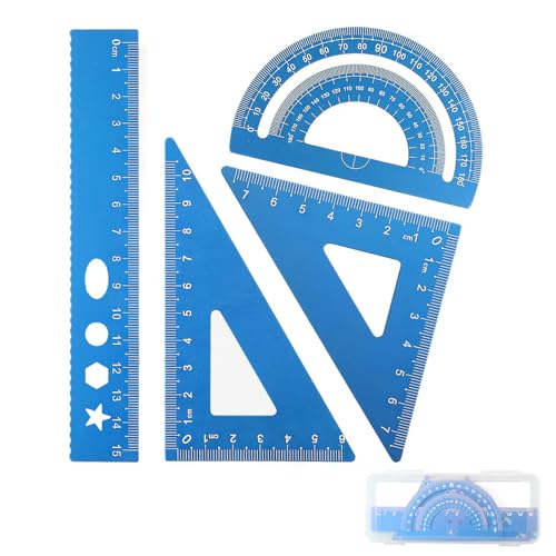 DHWEKU escuadra cartabon y transportador,escuadra y cartabon,Juego de Reglas de Metal de 4 Piezas,Esquinas Redondeadas,diseño de Seguridad,Kit geometría matemática para Estudiantes y profesore,Azul