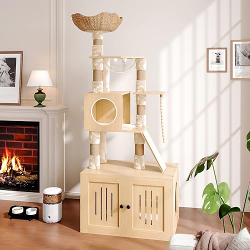 Garvee Tall Cat Tree with Litter Box Enclosure 66.9-Inch Cats Condo Multi-Level Perch & Scratching Posts for Cat