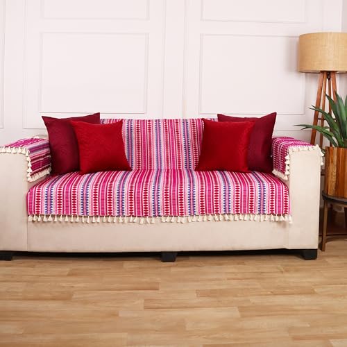 Image of STITCHNEST Woven 3 Seater Sofa Protector with 2 Hand Rest Covers - Purple & White Stripe Design - Washable Fabric with Tassels - Stylish Sofa Cover for Modern Living Room & Furniture Decor