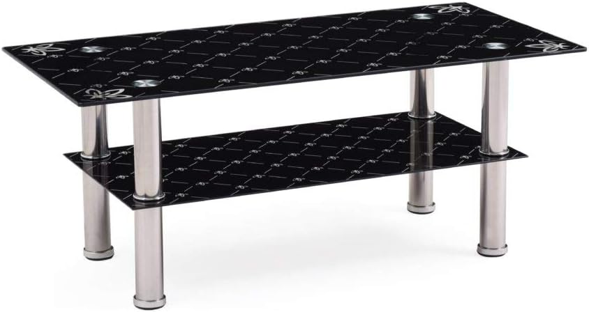 Hodedah Two Tier Rectangle Tempered Glass Coffee Table, Black