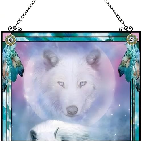 Miniatura 2 de The Bradford Exchange Gentle Spirits Mystic Harmony Exquisita obra de arte de vitral, atrapasoles de lobo por Carol Cavalaris 7.5 pulgadas