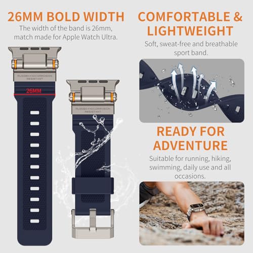 Image of FOAMUNOC Rugged Band Compatible with Apple Watch Ultra 3 /2 /1 Band 49mm /46mm /45mm /44mm /42mm, Metal Connector with Strap for iWatch Ultra Series 11 /10 /9 /8 /7 /6 /SE3 /SE2 /SE /5 /4 /3 /2 /1, Navy Blue /Titanium