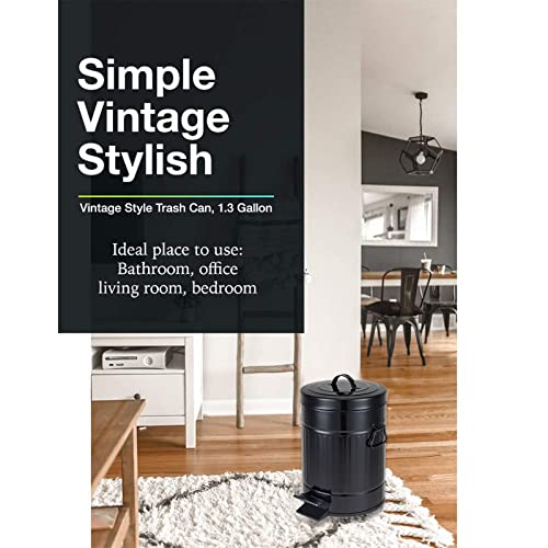 Image of Bathroom Trash Can with Lid, Small Waste Basket for Home Bedroom, Retro Step Garbage Can with Soft Close, Vintage Office Trash Can, 5 Liter / 1.3 Gallon, Glossy Black