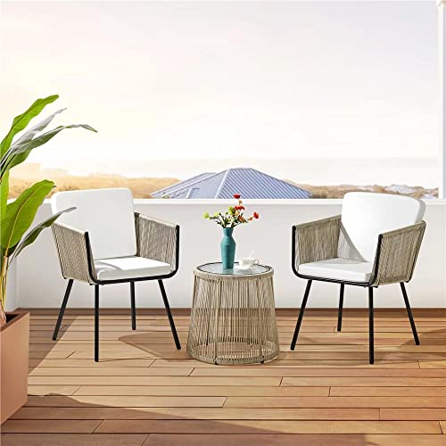 Image of LOCCUS 3 Pieces Patio Furniture Set Outdoor All Weather Woven Rope Conversation Bistro Set Hand-Woven Rope Chairs with Glass Top Coffee Table Set for Backyard (Beige and Off-White)