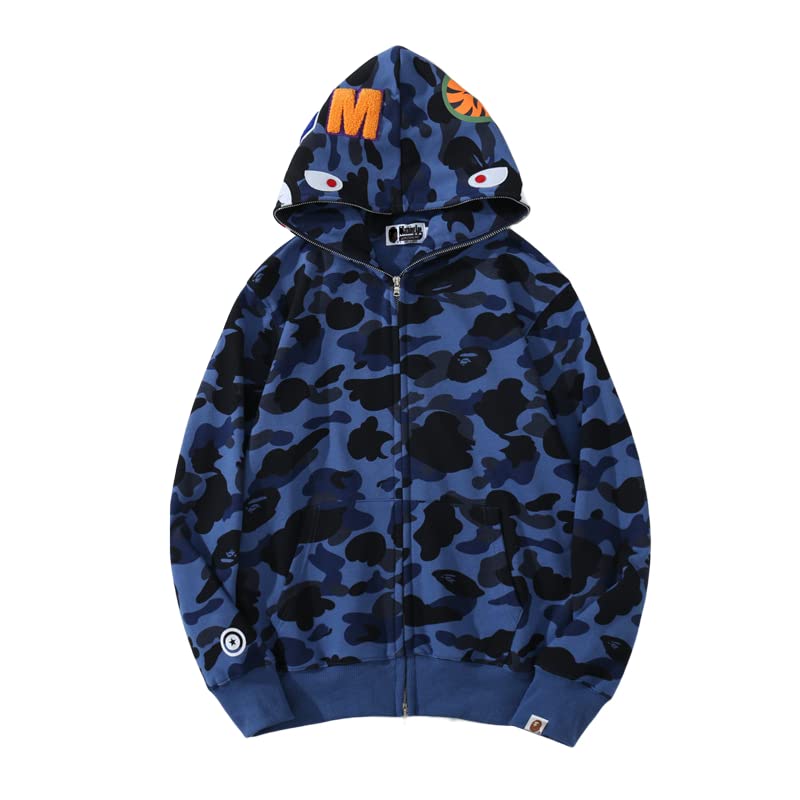 EXXE&OYYO Men's Shark Hoodie,Cotton Material Shark Jaw Jacket Ape Camo ​Full Zip Jacket Up