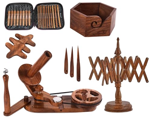 Brainmart Rosewood Yarn Winder & Swift with Wooden Yarn Bowl 30pcs Crochet Kit | Handcrafted Wooden Ball Winder Crochet Hooks Set Bobbins Weaving Needles for Knitting Crocheting & Weaving