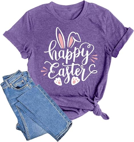 Image of Women Happy Easter T Shirt Bunny Rabbit Graphic T-Shirt Funny Letter Printed Shirts Short Sleeve Tops