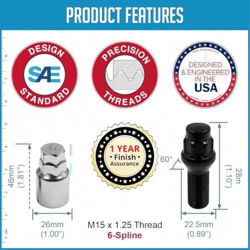 Image of Wheel Accessories Parts 4 Locks + Key M15x1.25 15x1.25 Thread Acorn Seat Lug Bolt Lock Dual Hex Key 17 inch and 19 inch 28mm Thread Length Black Lug Nuts for 2019+ Mercedes GLE GLS 2021+ Maybach GLS
