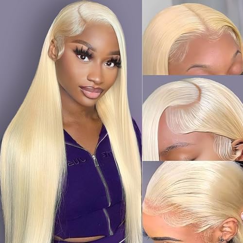 Image of LETMIEO 26 Inch 613 Lace Front Wig Human Hair Blonde 13X6 HD Transparent Lace Front Wigs Human Hair 180% Density Blonde Glueless Wigs 613 HD Straight Lace Frontal Wig Pre Plucked