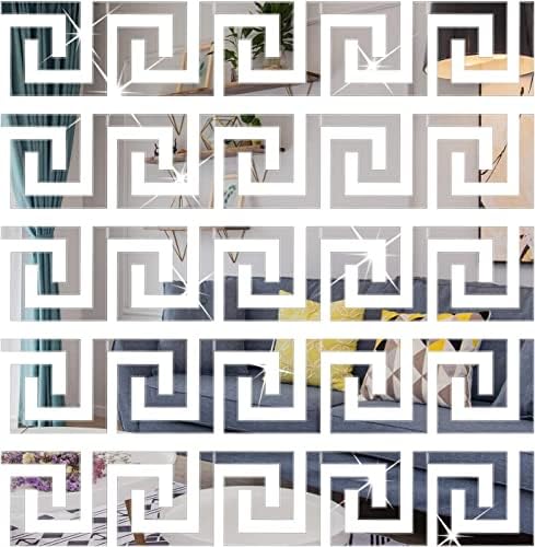 Lubise 64Pcs Siliver DIY Mirror Stickers Removable Adhensive Wall Stickers Decals for Home Art Room Bedroom Background Decoration (Geometric Greek Key Pattern)…